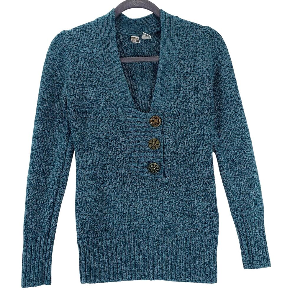 BKE Buckle Teal Cable Knit Sweater Sz M Square V Neck Pullover Casual Cozy Warm